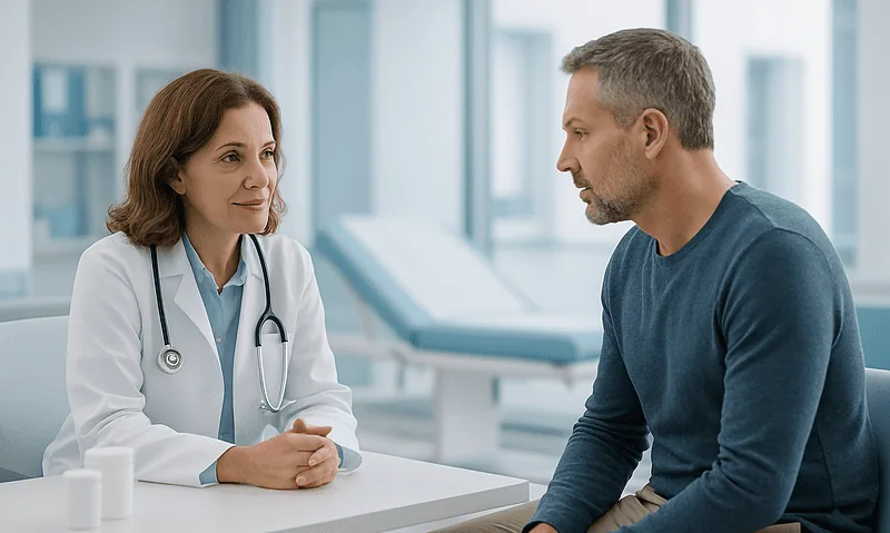 Doctor consulting with a male patient in a hospital setting.