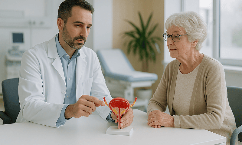 Urologist explaining urinary system to elderly woman in clinic.
