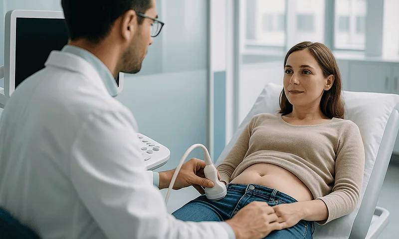 Doctor performing ultrasound examination on female patient in hospital.
