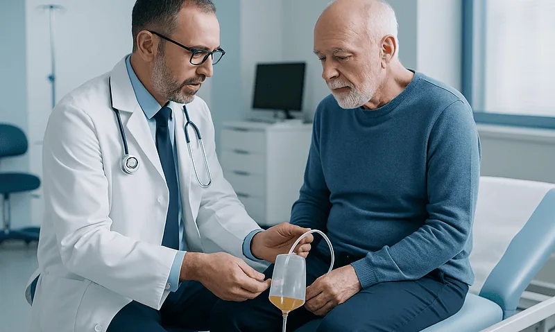 Doctor examining elderly patient with urinary retention symptoms in hospital.