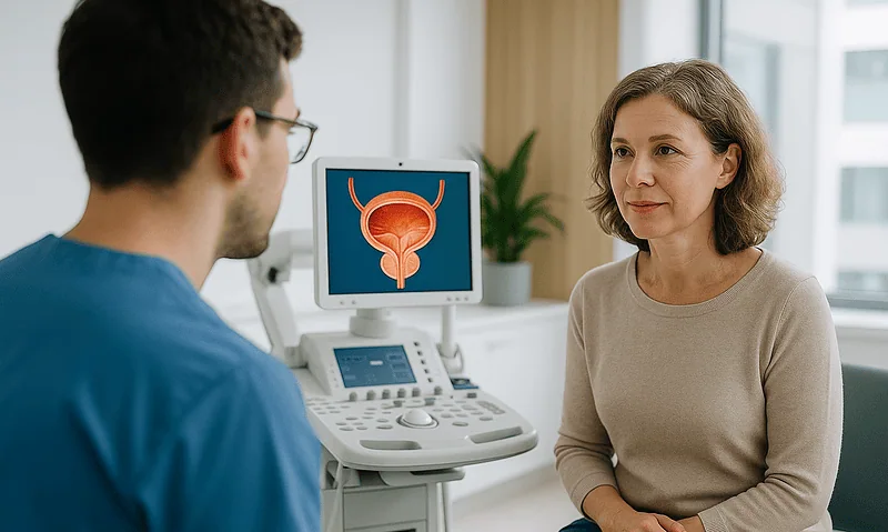 Urologist explaining urinary health to a patient in a clinic setting.