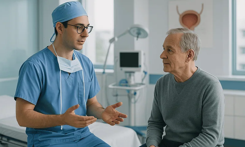 Doctor consulting with an elderly male patient in a hospital room.