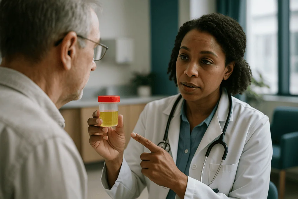 Doctor showing urine sample container to older patient: Urine cytology for bladder cancer: the oldest biomarker still in use
