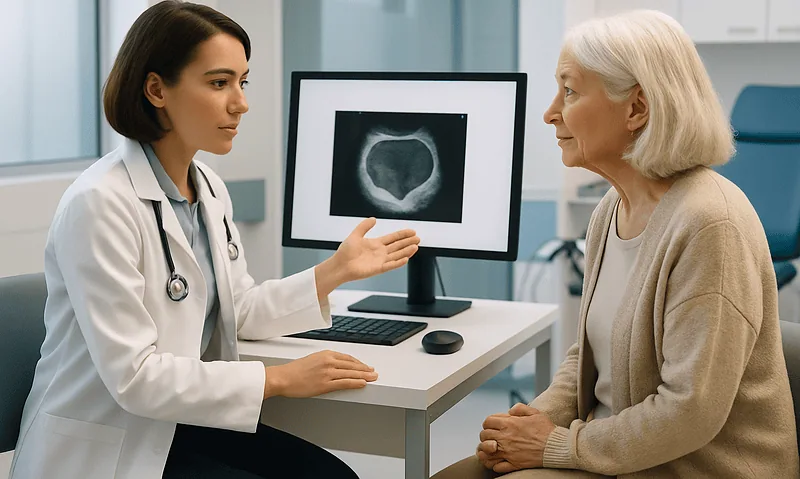 Urologist explaining urine flow test results to an elderly patient in a medical office.