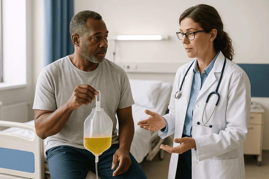 Doctor consulting patient holding urine sample bottle: Urine output: what the hourly numbers actually mean
