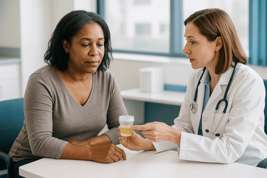 Doctor consulting patient, holding urine sample cup: Urine tests in PKD: protein, blood and what they add
