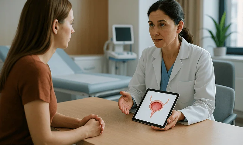 Doctor explaining urodynamic testing to patient in clinic.
