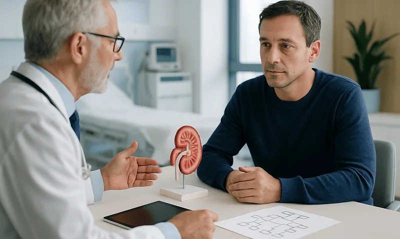Doctor explaining kidney health to a patient in a medical consultation.