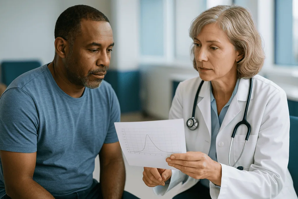 Doctor reviewing medical chart with male patient: Uroflowmetry results interpretation: the numbers on the printout