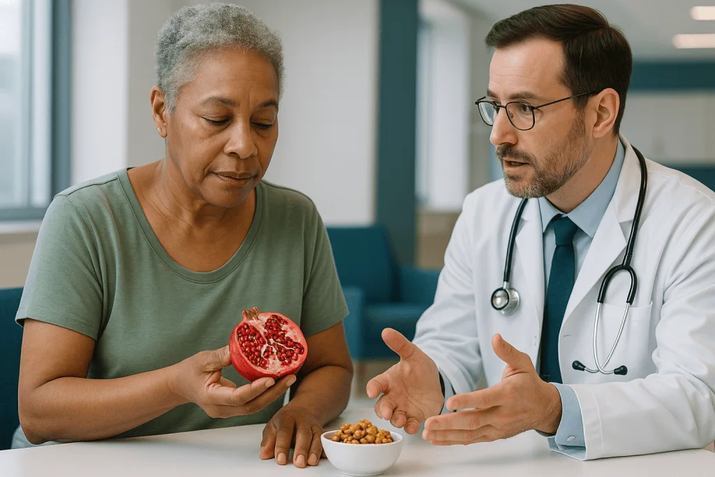 Doctor discussing nutrition with patient holding pomegranate: Urolithin A foods: can pomegranate and walnuts do the job?