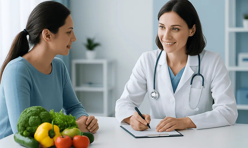 Doctor consulting with patient in a modern clinic setting with fresh vegetables on the table.