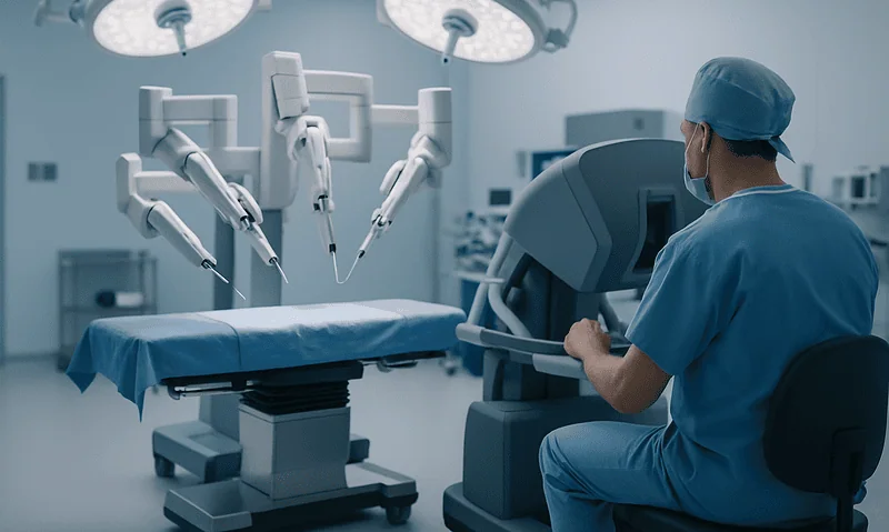 Urological surgery room with robotic surgical system and medical staff.