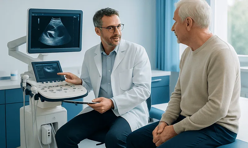 Urology specialist discussing ultrasound results with patient in clinic.