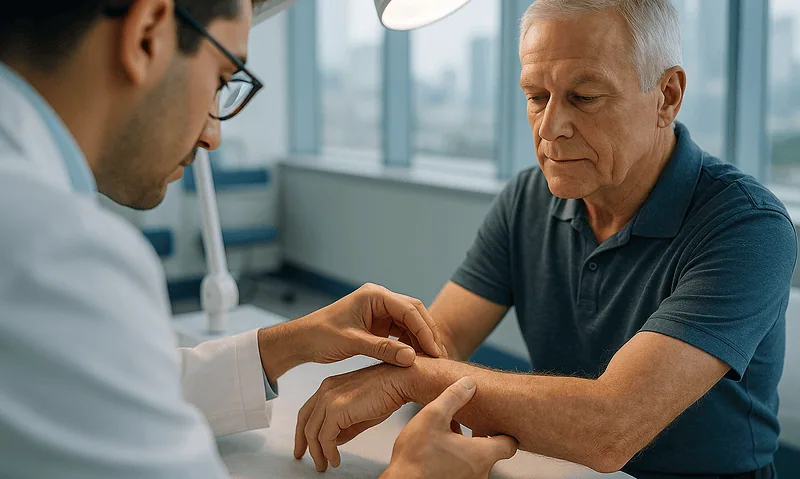 Doctor examining an elderly patient's arm in a medical consultation.