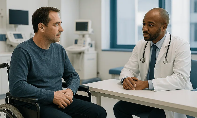 Doctor consulting with a patient in a hospital room with medical equipment.