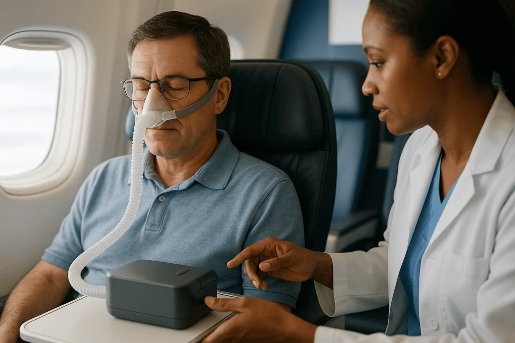 Healthcare professional assisting patient with CPAP device on airplane: Using CPAP on an airplane: is it actually worth it?