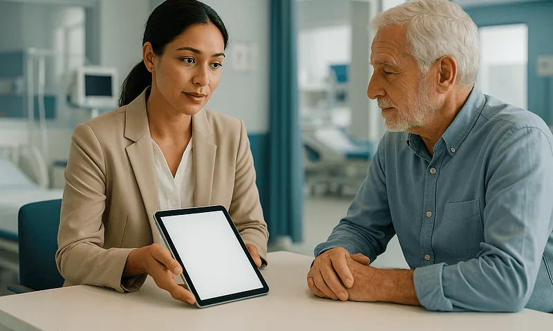 Healthcare professional explaining hospital bill payment options to senior patient.
