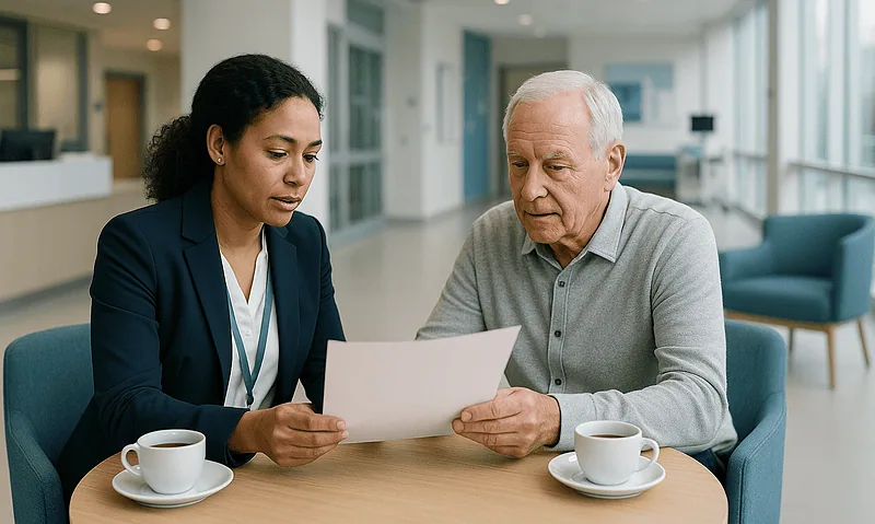 Medical consultation between a healthcare professional and an elderly patient in a modern hospital.