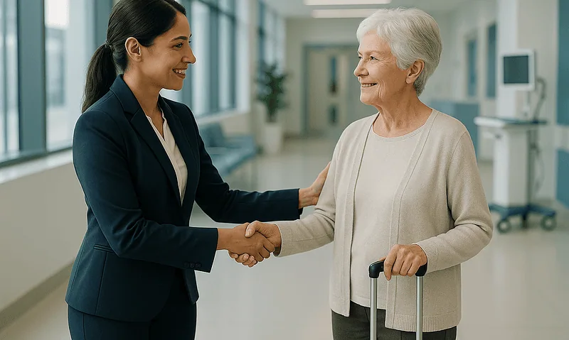 Hospital staff greeting elderly patient with a handshake in corridor.