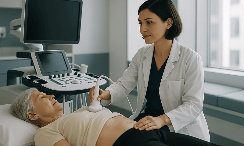 Gynecologist performing ultrasound on a patient with uterine fibroids in a hospital.