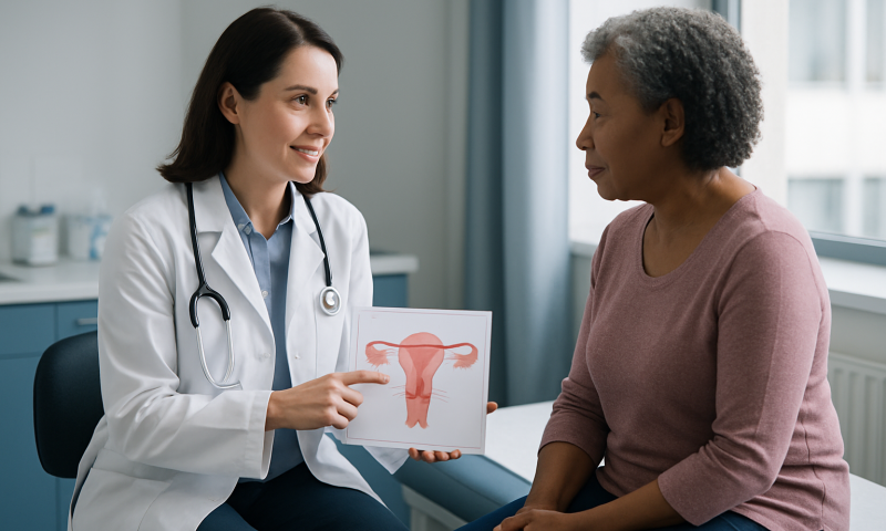 Gynecologist explaining uterine health to a patient with a model of female reproductive system.