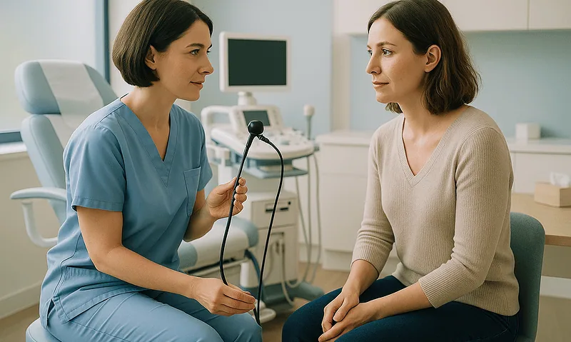 Gynecologist consulting with a patient in a medical office.