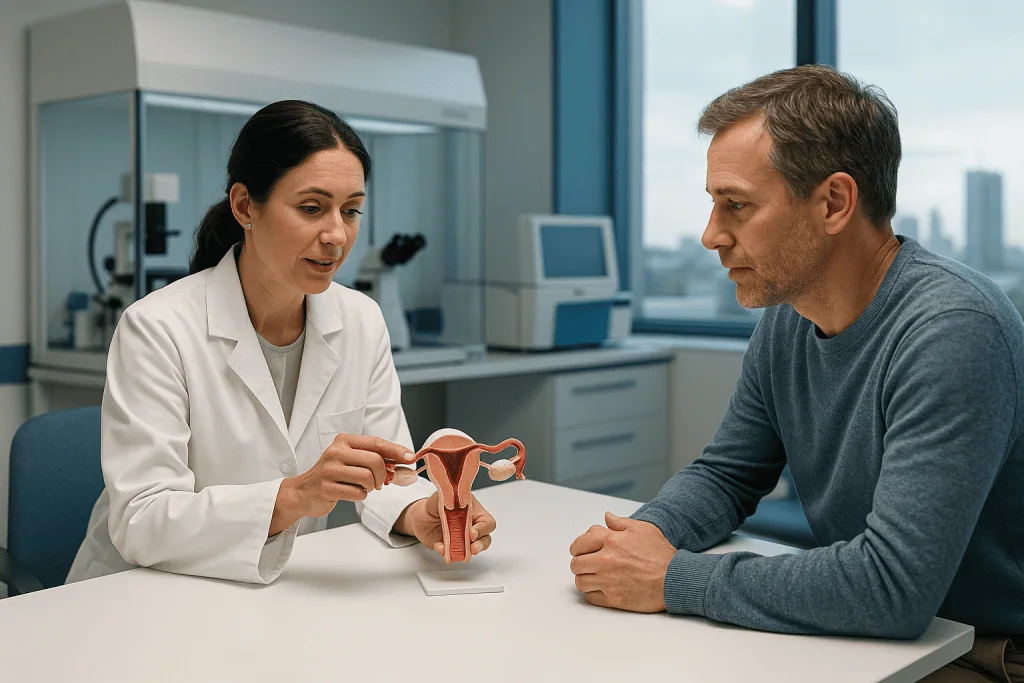 Uterine Prolapse 1 Doctor explaining uterine prolapse model to patient in clinic.