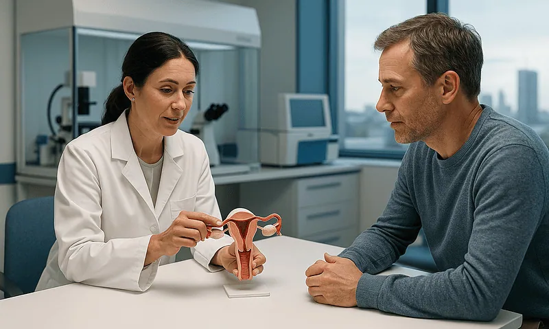 Doctor explaining uterine prolapse model to patient in clinic.