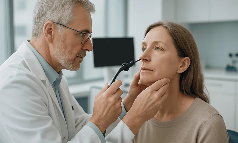 Gynecologist examining a woman's nose in a medical consultation room.