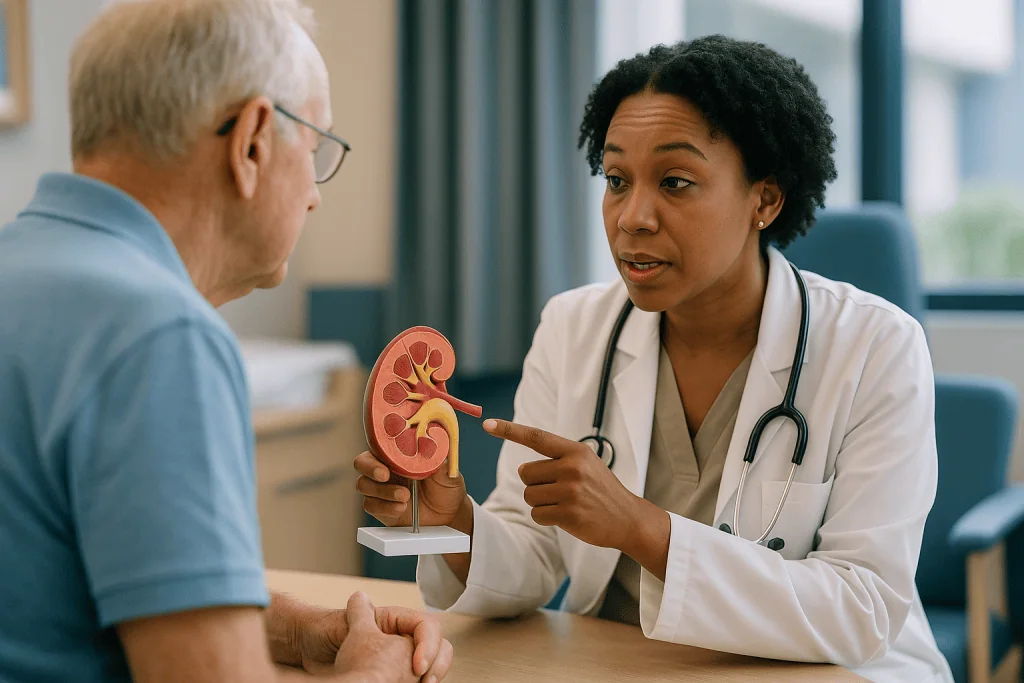 Doctor explaining kidney anatomy model to elderly patient: UTI antibiotics and kidney disease: why filtration changes the ch