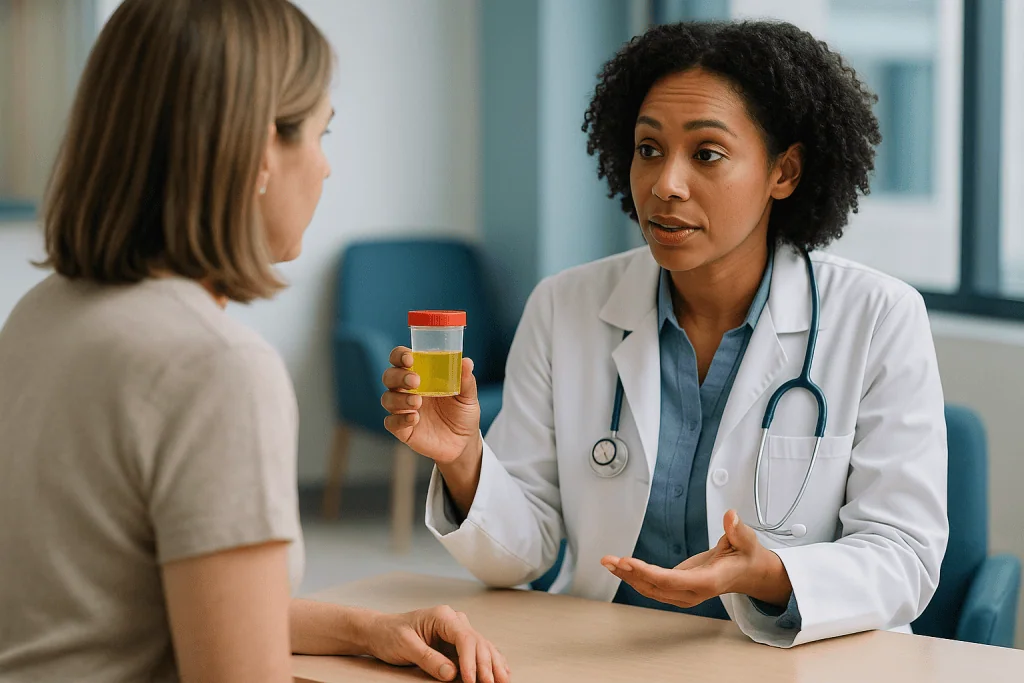 Doctor discussing urine sample test with patient: UTI vs bladder infection: what is the difference?
