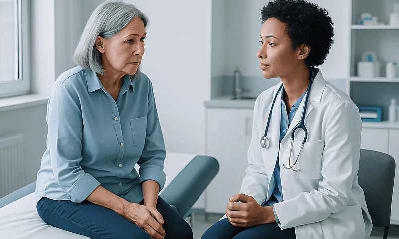 Doctor consulting with an elderly female patient in a medical office.