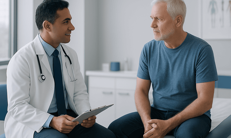Doctor consulting with male patient in a medical office setting.