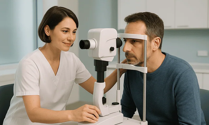 Ophthalmologist examining patient's eye with slit lamp in clinic.