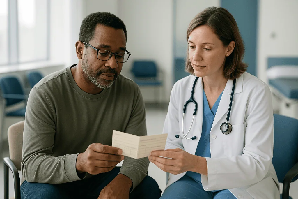 Doctor reviewing medical document with male patient: Vaccination records: where to find them and why they change the convers