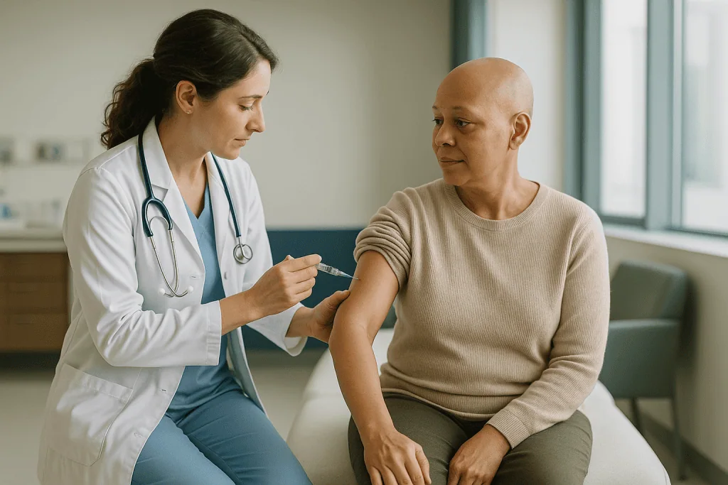 Doctor administering vaccine injection to adult patient: Vaccines for CLL patients: which ones are usually recommended?