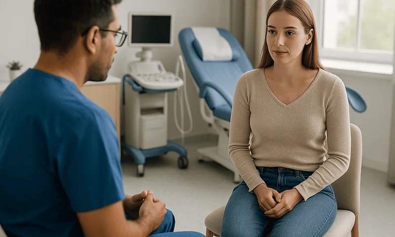 Doctor consulting with a young woman in a medical office.