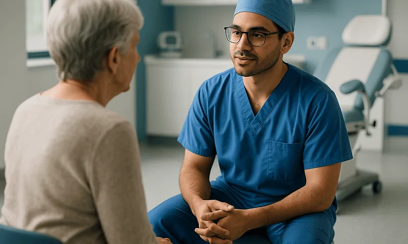 Doctor consulting with an elderly patient in a medical office setting.