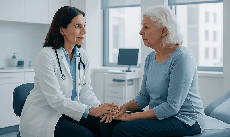 Doctor consulting with an elderly female patient in a hospital room.