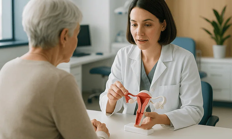Gynecologist explaining vaginal health to a patient with a model of female reproductive system.