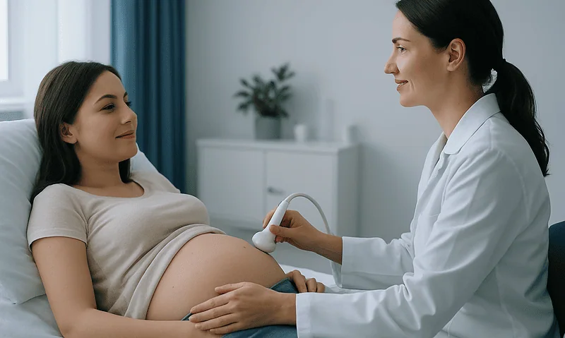 Pregnant woman having ultrasound exam in a medical clinic.