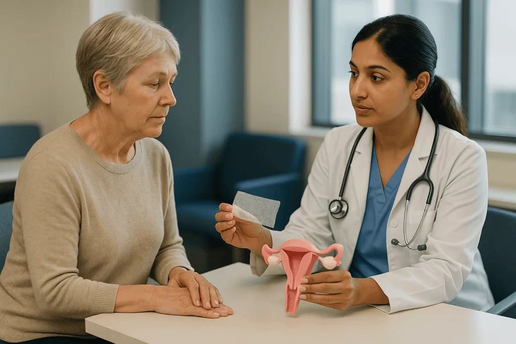 Female gynecologist consulting senior patient with anatomical model: Vaginal mesh for prolapse: what the evidence actually s