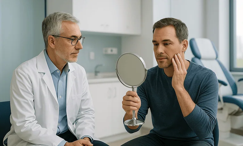 Doctor consulting with patient about vaginal health in a clinical setting.