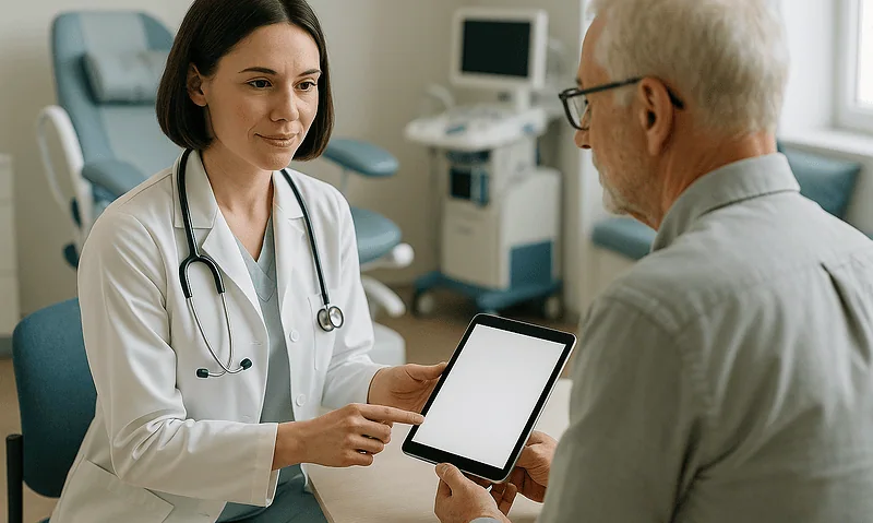 Doctor consulting with an elderly male patient in a medical office.