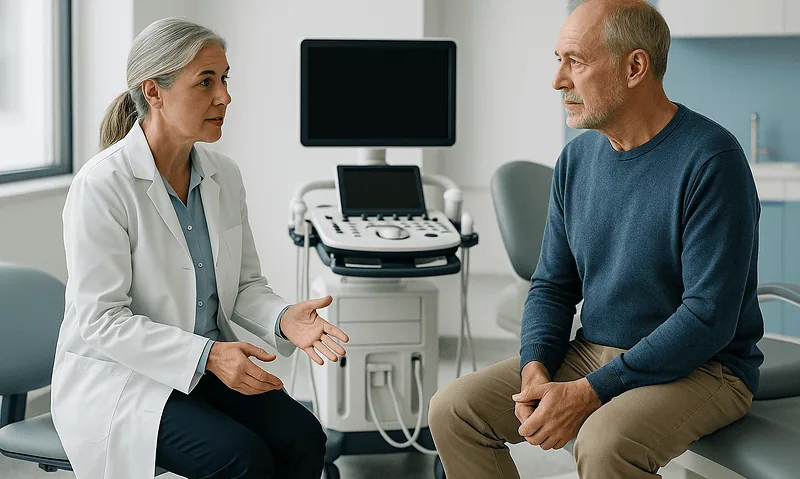 Doctor consulting with a male patient in a medical office setting.