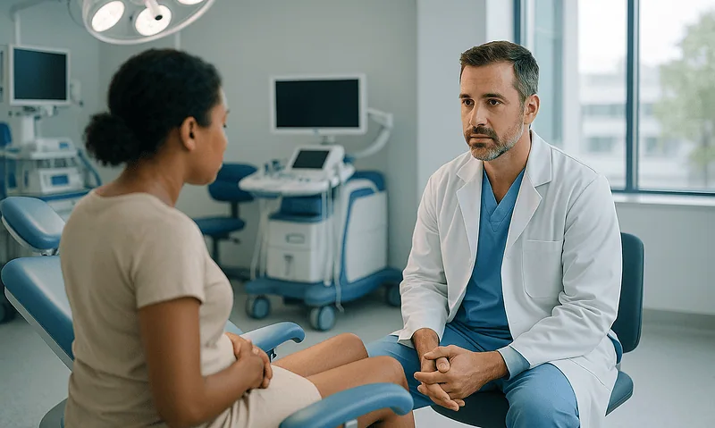 Doctor consulting with a patient in a modern hospital room.