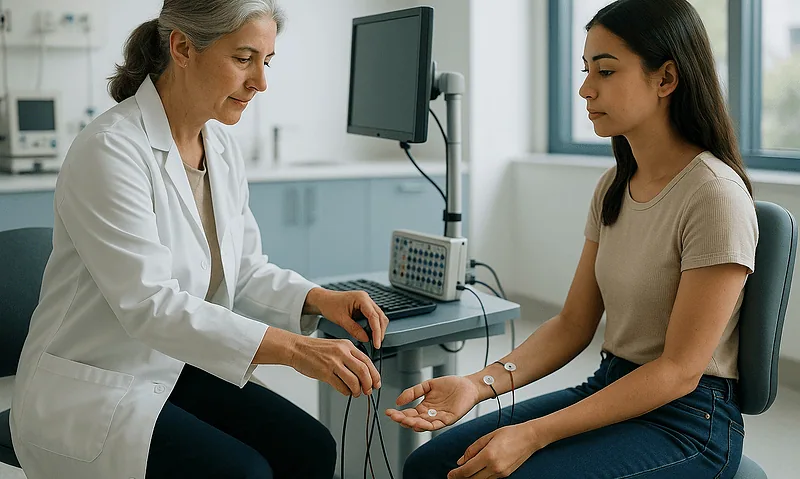 Doctor performs vagus nerve stimulation test on patient in hospital.