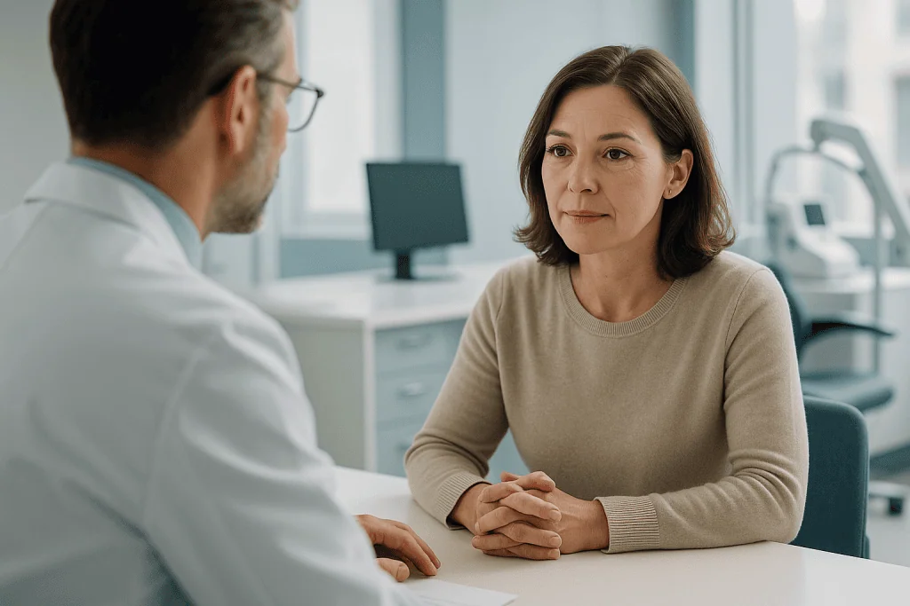 Variant Creutzfeldt-Jakob Disease 1 Doctor consulting with a female patient in a medical office.