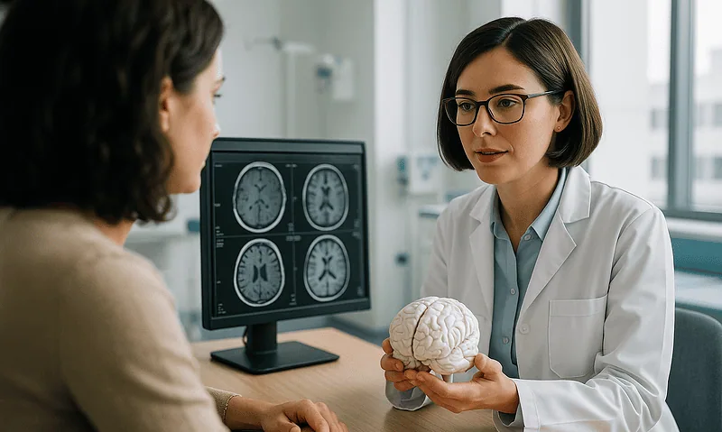 Doctor explaining brain scans and neurological health to patient.