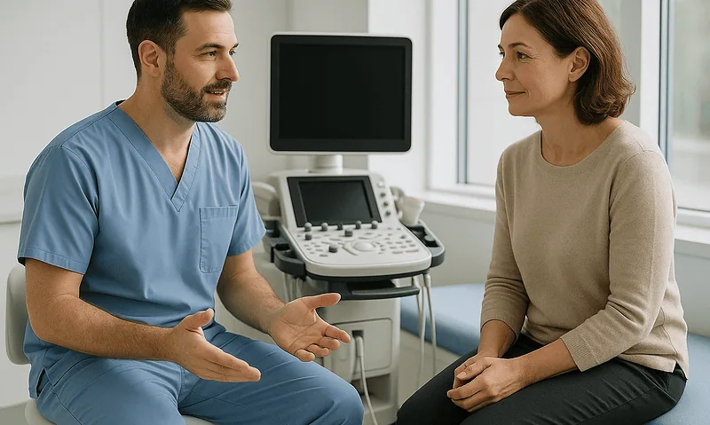 Doctor explaining varicocele diagnosis to a patient in a medical office.
